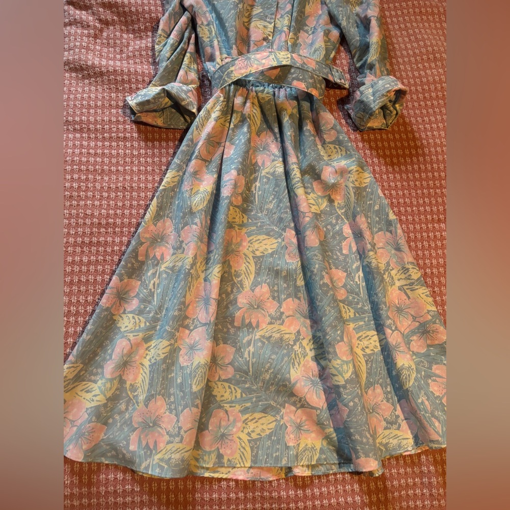 VINTAGE Pastel Floral Print Belted Women's Dress GOLDEN GIRLS 80s SIZE 10 - Picture 2 of 12